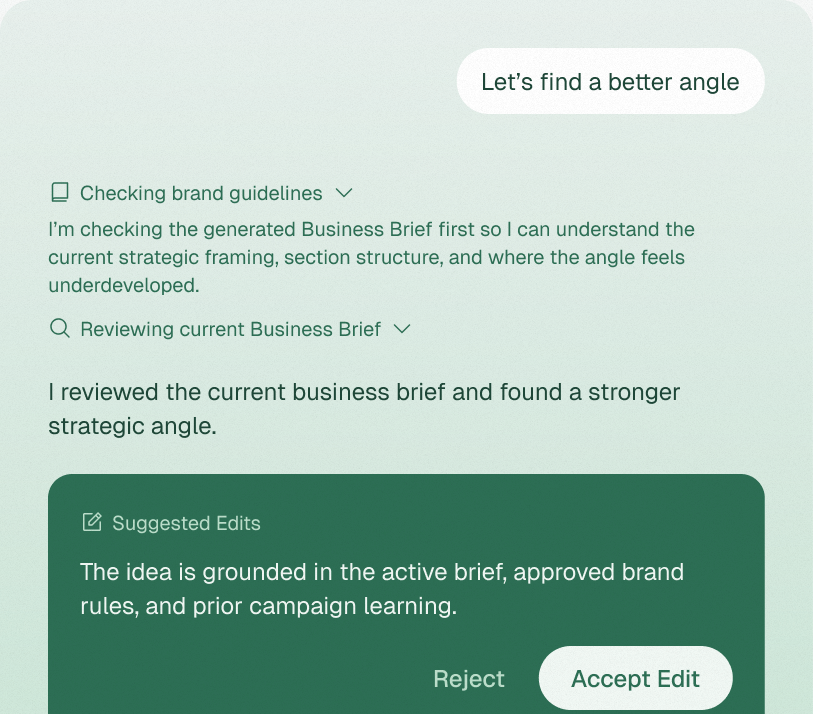 AskFrnd chat mock suggesting a stronger strategic angle from the brand brief