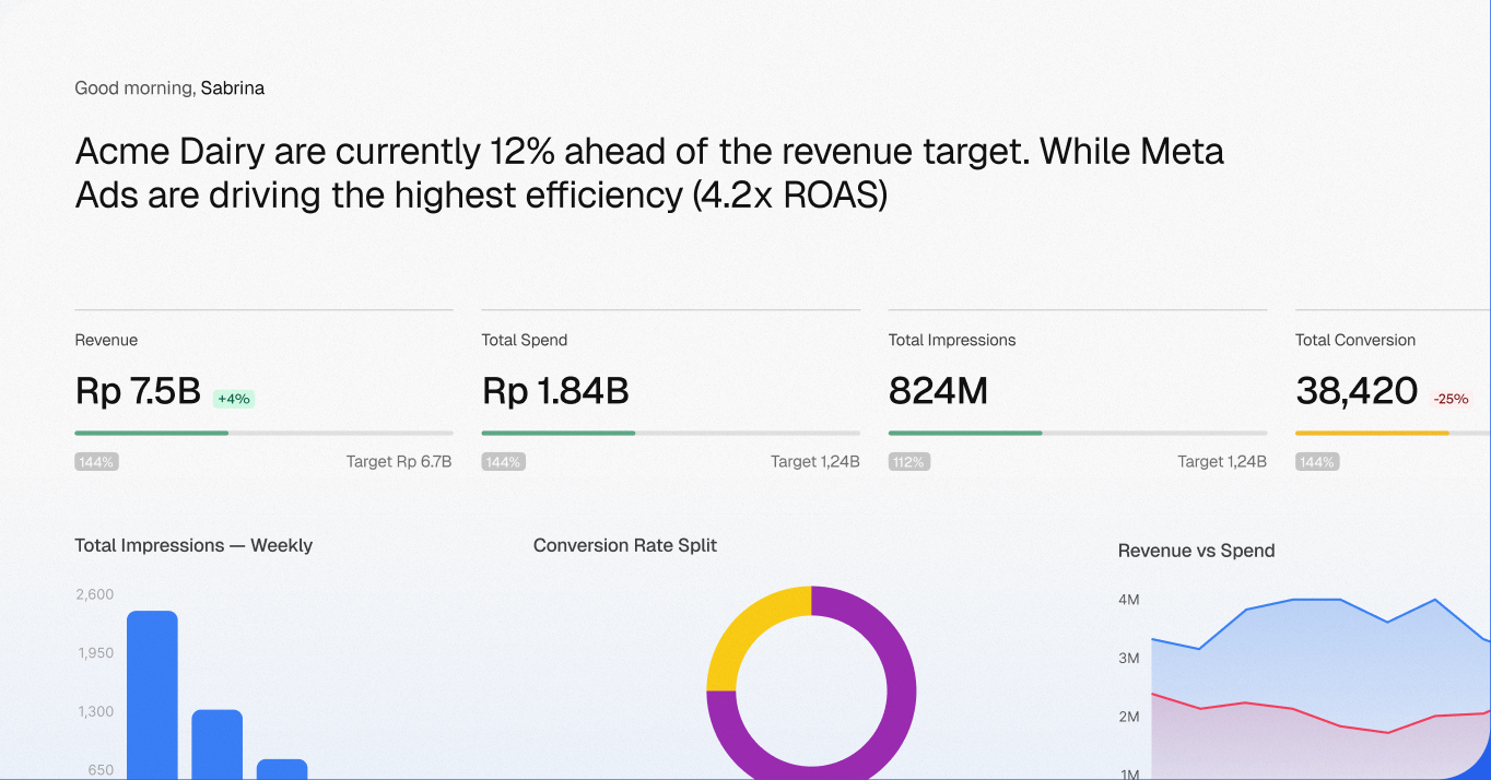 Insights dashboard showing revenue, spend, impressions, and conversion metrics