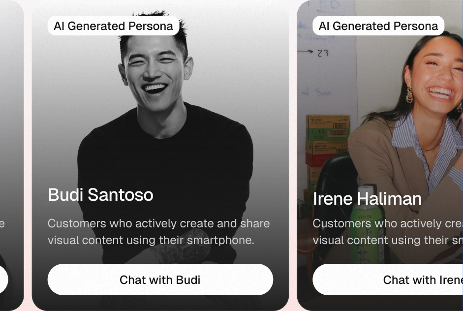 Research persona cards for Dewi, Budi, and Irene