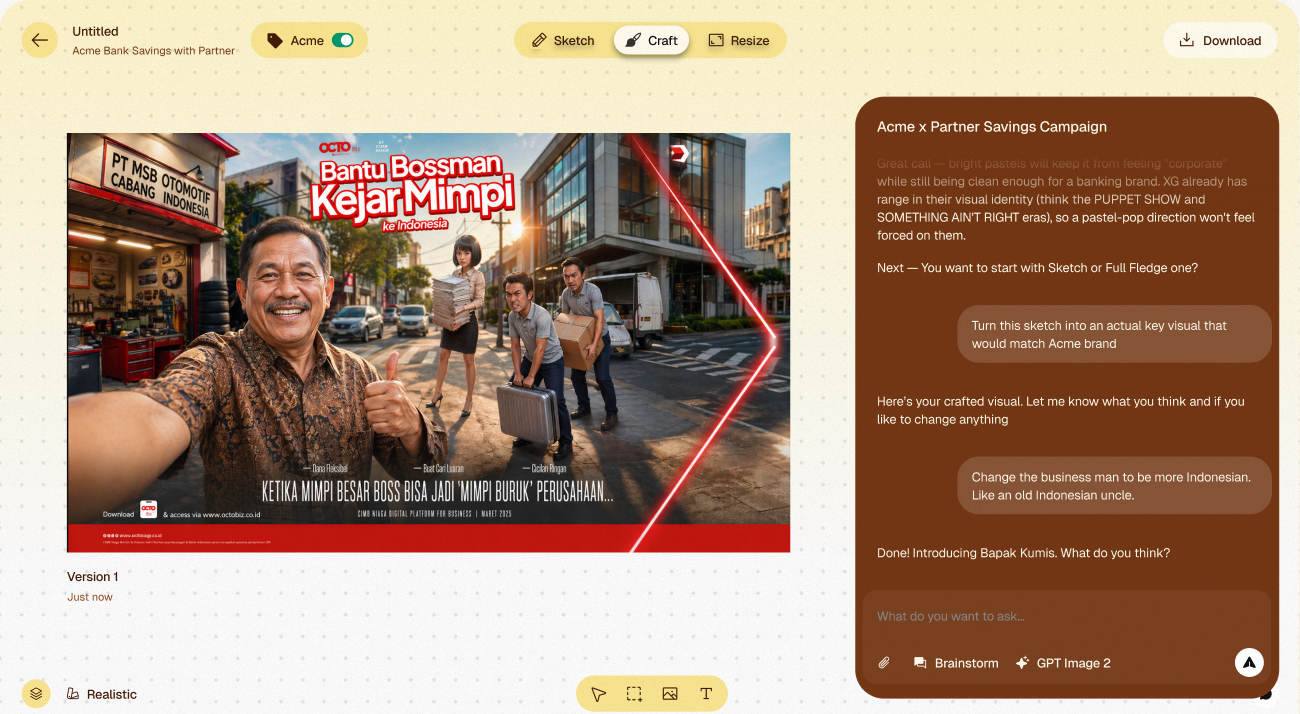 Studio campaign canvas with key visual and craft sidebar